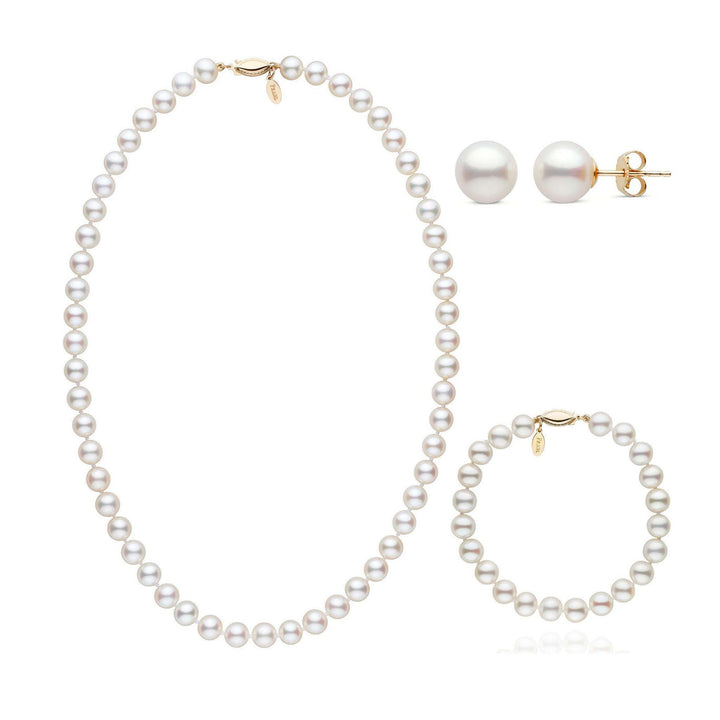 18 Inch 3 Piece 7.5-8.0 mm White Freshadama Freshwater Pearl Set in yellow gold