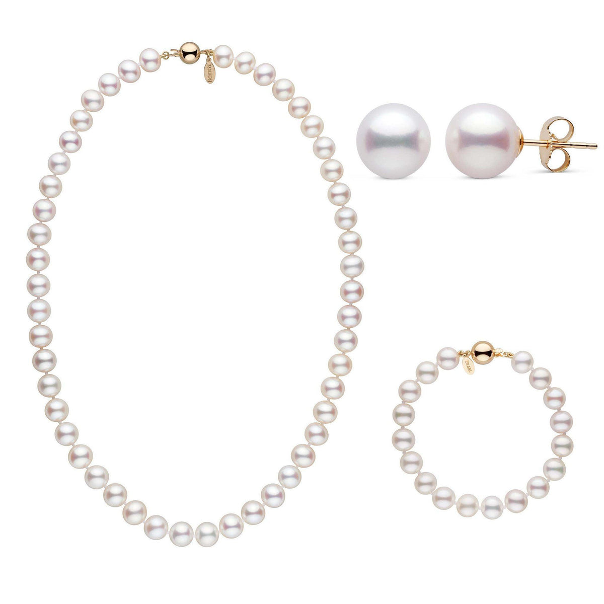 18 Inch 3 Piece 8.5-9.0 mm White Freshadama Freshwater Pearl Set in yellow gold