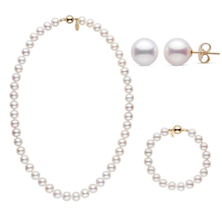 18 Inch 3 Piece 8.5-9.0 mm White Freshadama Freshwater Pearl Set in yellow gold