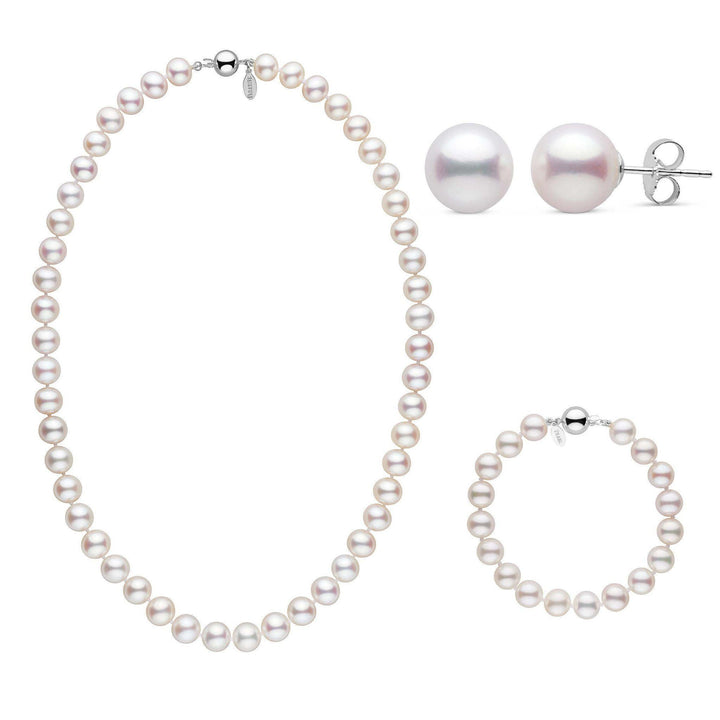 18 Inch 3 Piece 8.5-9.0 mm White Freshadama Freshwater Pearl Set in white gold