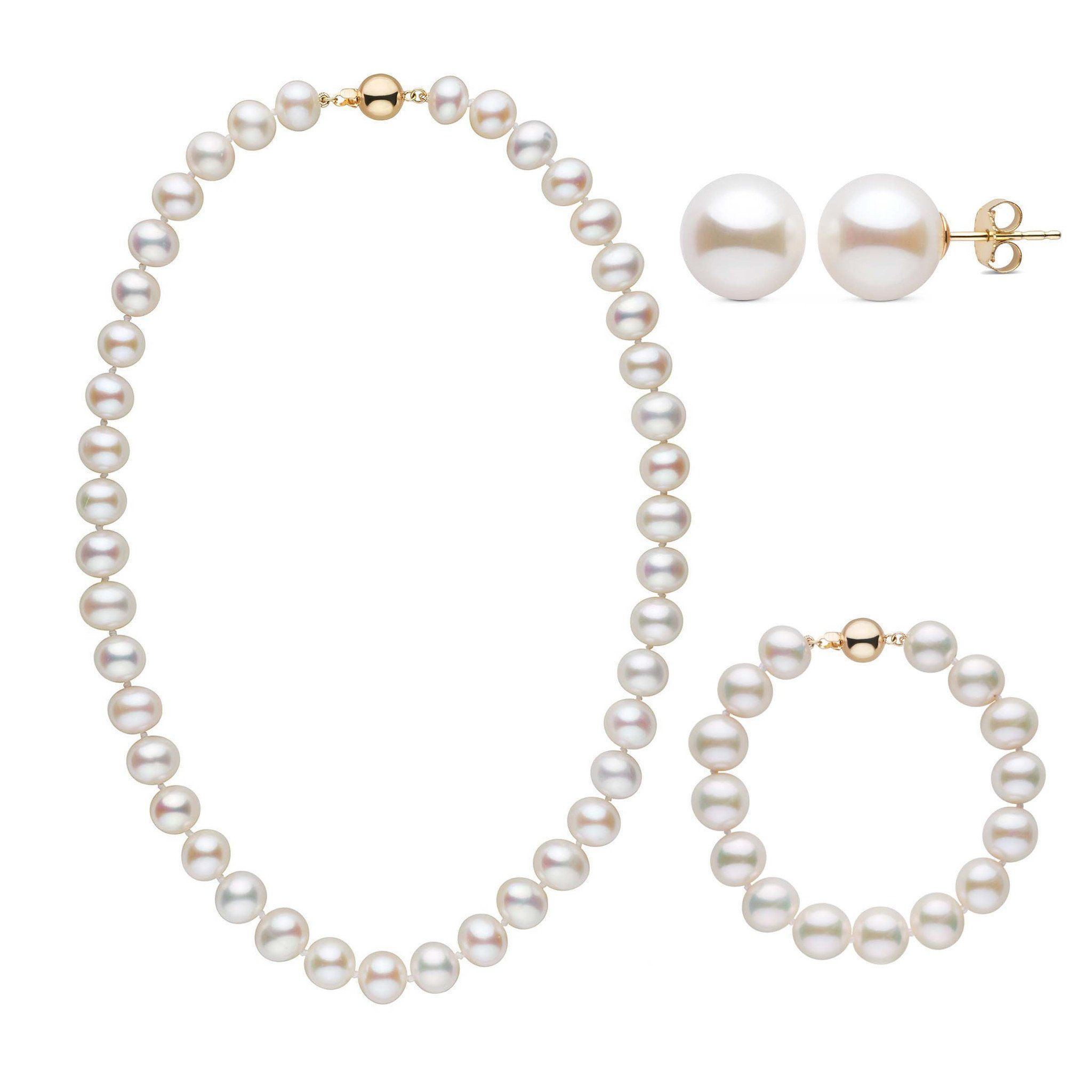 18 Inch 3 Piece 9.5-10.5 mm AA+ White Freshwater Pearl Set in yellow gold