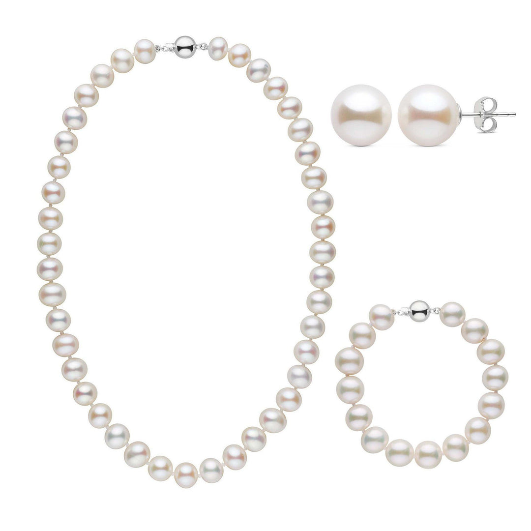 18 Inch 3 Piece 9.5-10.5 mm AA+ White Freshwater Pearl Set in white gold