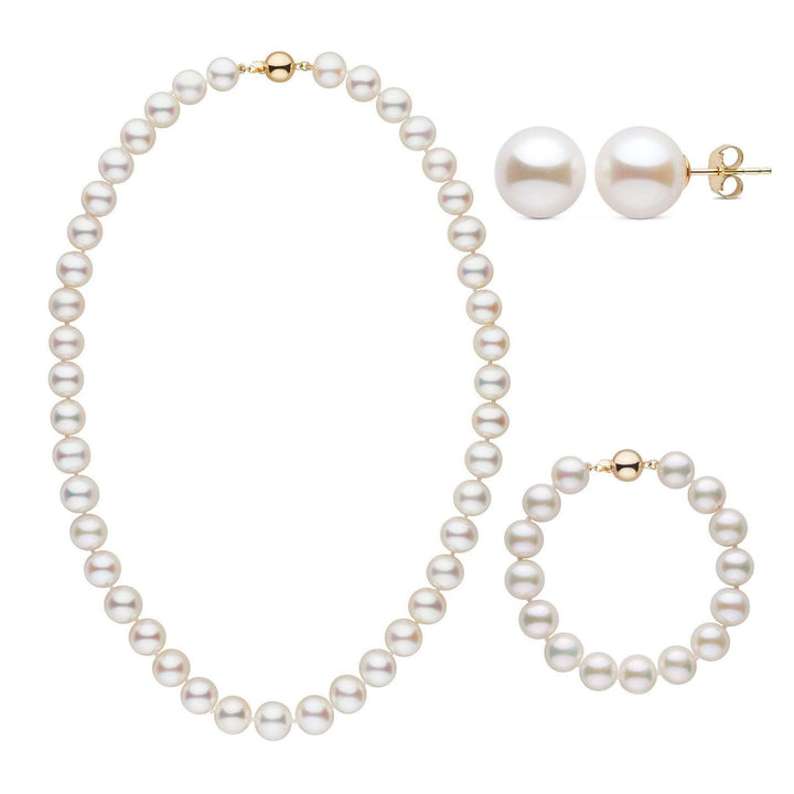 18 Inch 3 Piece 9.5-10.5 mm AAA White Freshwater Pearl Set in yellow gold