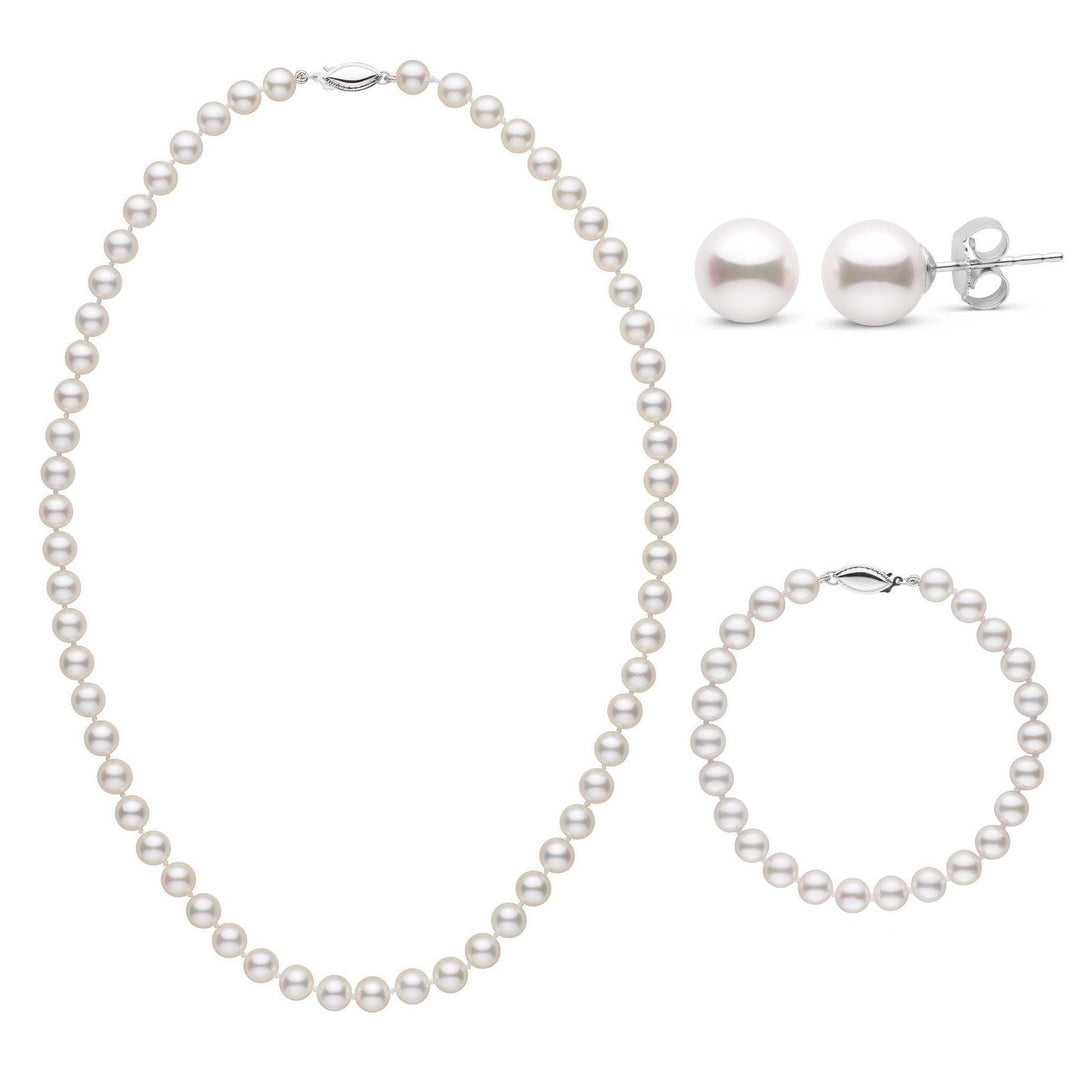 18 Inch 3 Piece Set of 6.5-7.0 mm AA+ White Akoya Pearls White Gold Fishhook Clasps