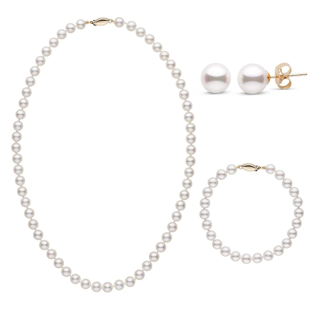 18 Inch 3 Piece Set of 6.5-7.0 mm AA+ White Akoya Pearls Yellow Gold