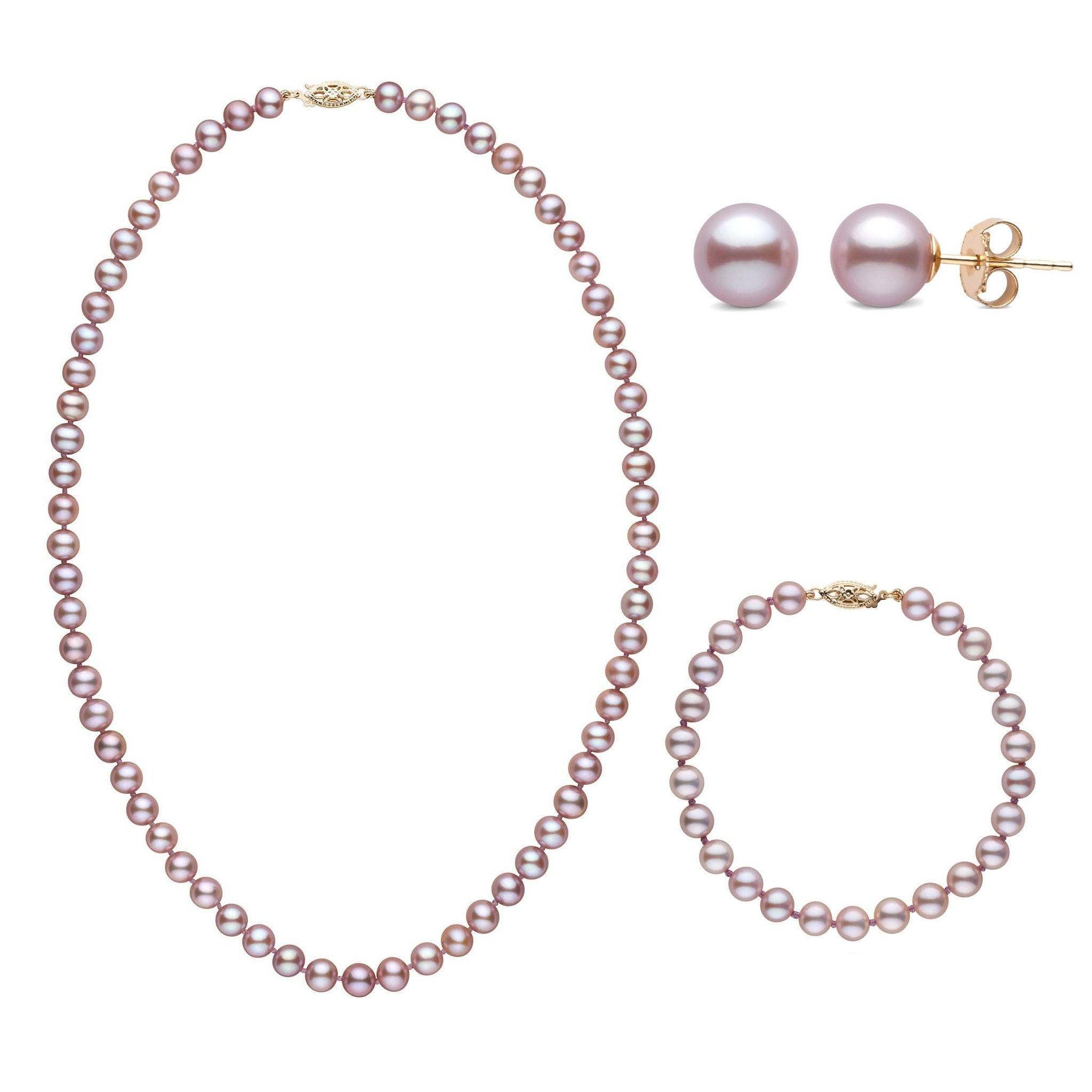 18 Inch 3 Piece Set of 6.5-7.0 mm AAA Lavender Freshwater Pearls yellow gold