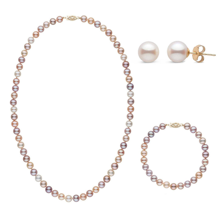 18 Inch 3 Piece Set of 6.5-7.0 mm AAA Multicolor Freshwater Pearls yellow gold