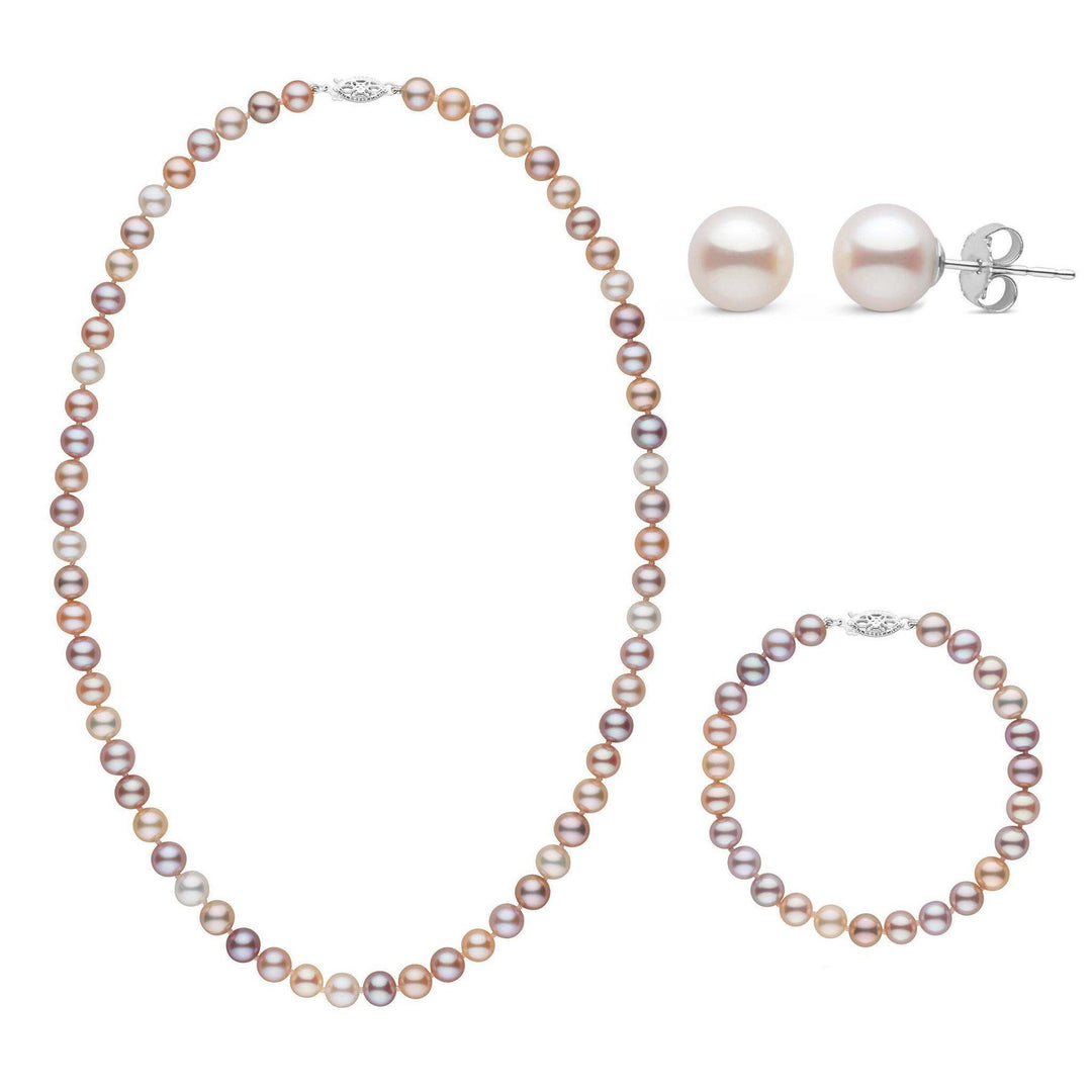 18 Inch 3 Piece Set of 6.5-7.0 mm AAA Multicolor Freshwater Pearls white gold