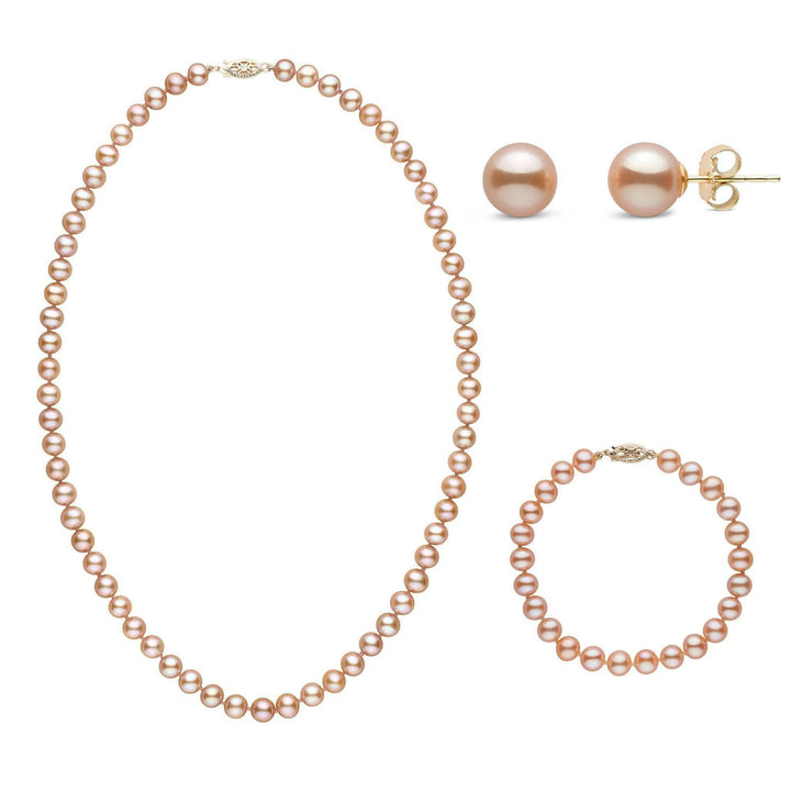 18 Inch 3 Piece Set of 6.5-7.0 mm AAA Pink Freshwater Pearls in yellow gold