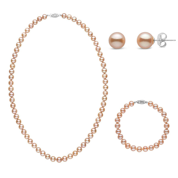 18 Inch 3 Piece Set of 6.5-7.0 mm AAA Pink Freshwater Pearls in white gold