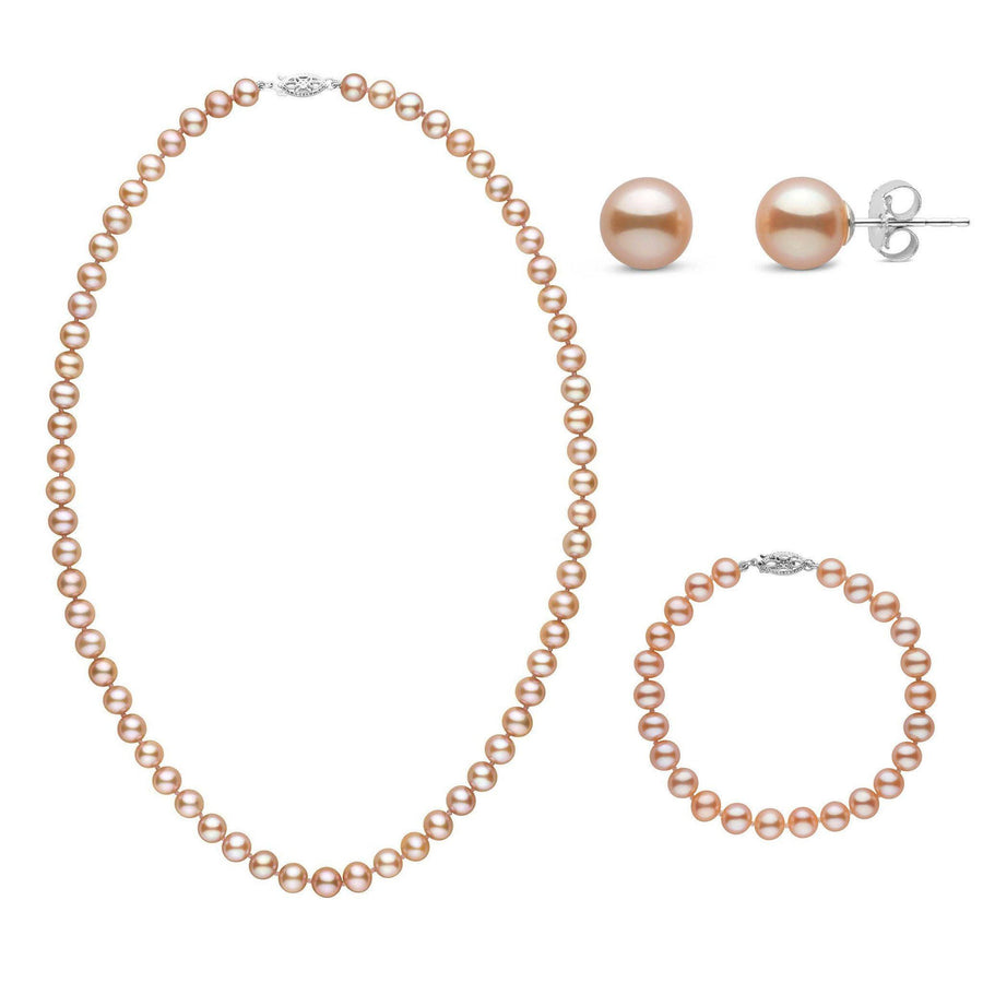 18 Inch 3 Piece Set of 6.5-7.0 mm AAA Pink Freshwater Pearls in white gold