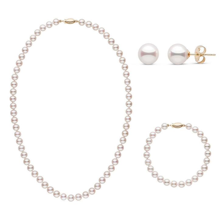 18 Inch 3 Piece Set of 6.5-7.0 mm AAA White Akoya Pearls Yellow Gold