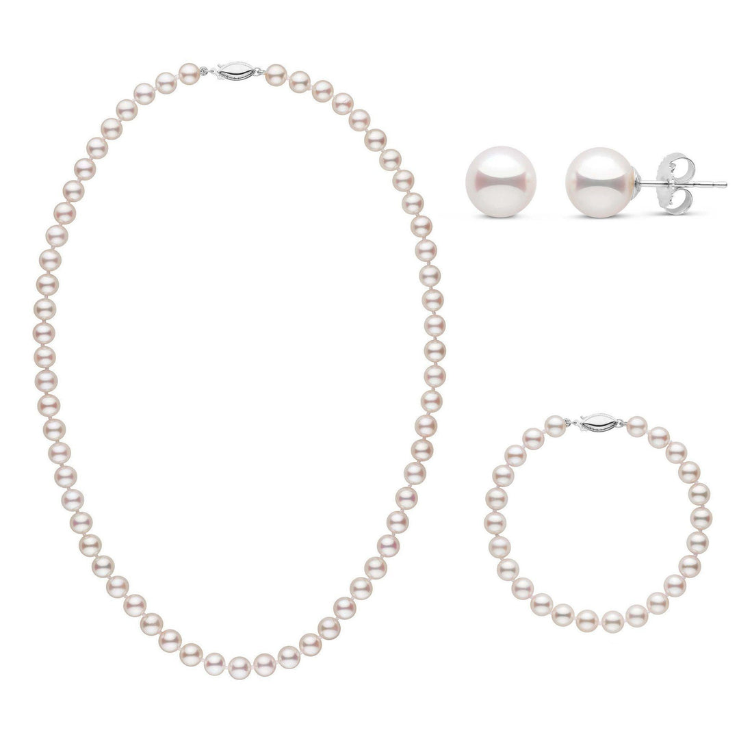 18 Inch 3 Piece Set of 6.5-7.0 mm AAA White Akoya Pearls White Gold