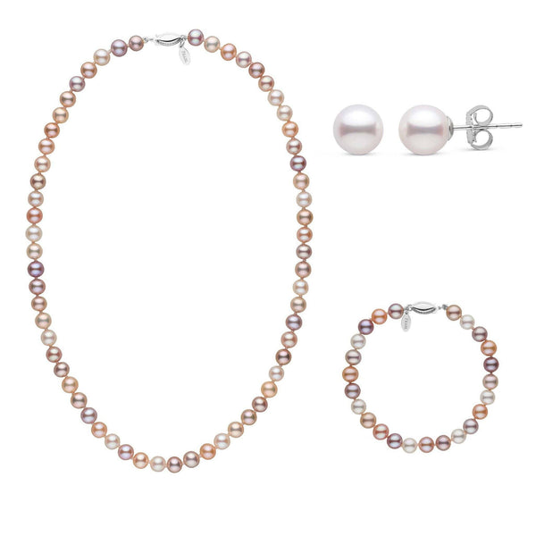 A set of multicolor freshwater pearl jewelry including a necklace, a bracelet, and a pair of stud earrings, all displayed against a white background.