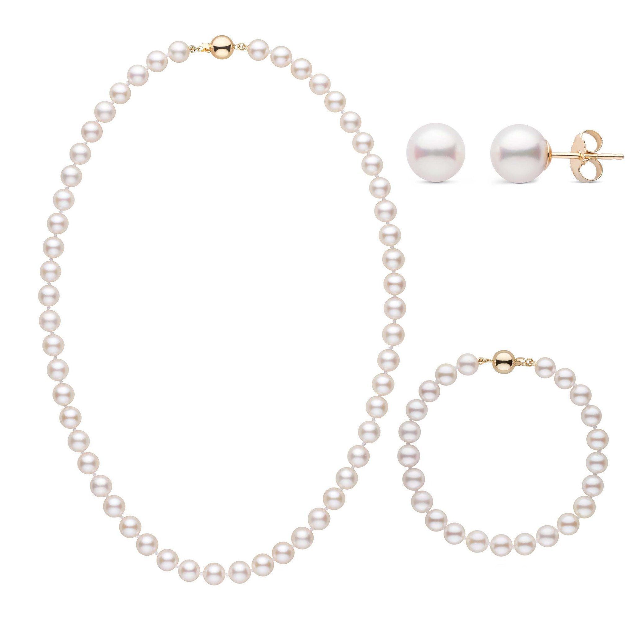 18 Inch 3 Piece Set of 7.0-7.5 mm AA+ White Akoya Pearls Yellow Gold Ball Clasps