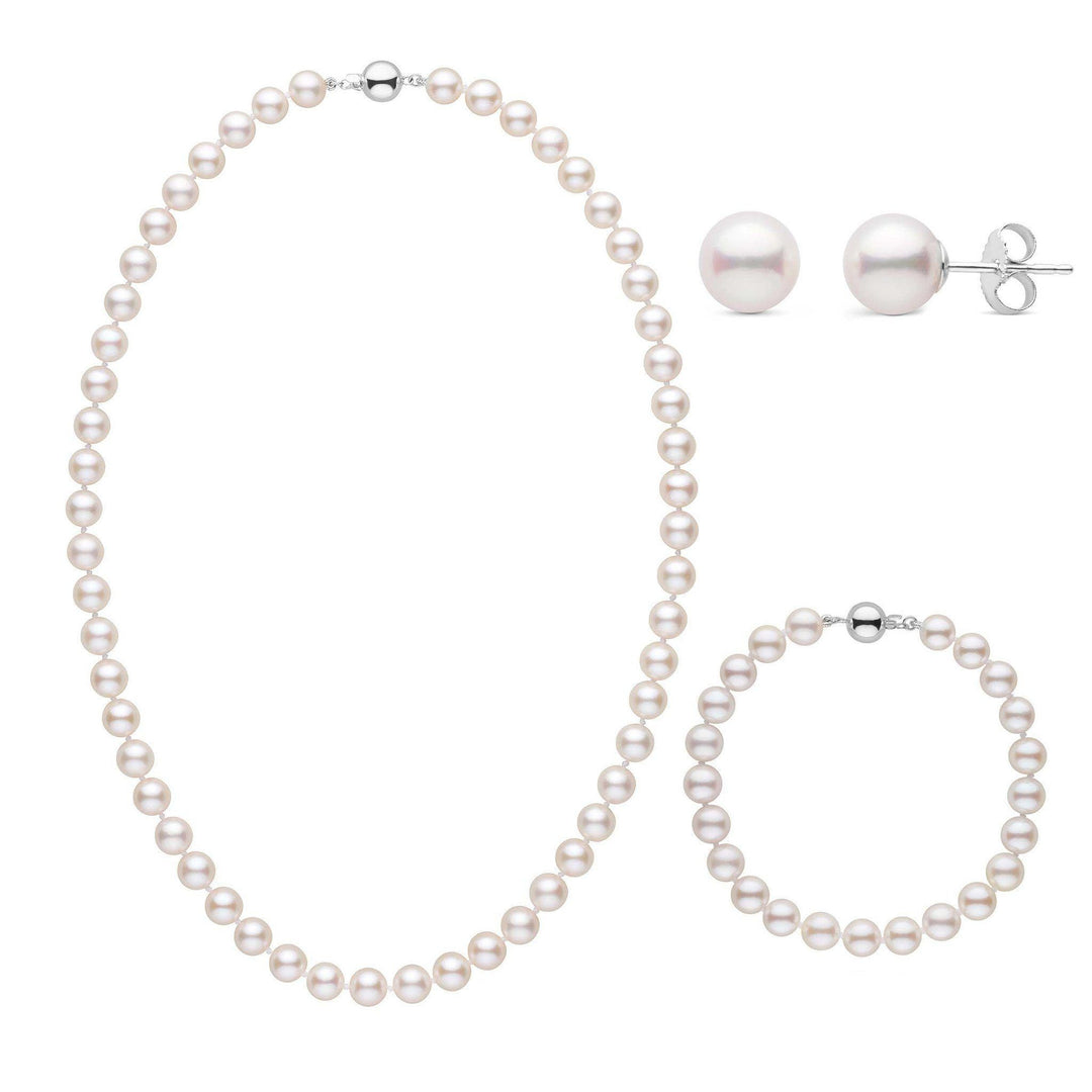 18 Inch 3 Piece Set of 7.0-7.5 mm AA+ White Akoya Pearls White Gold Ball Clasps