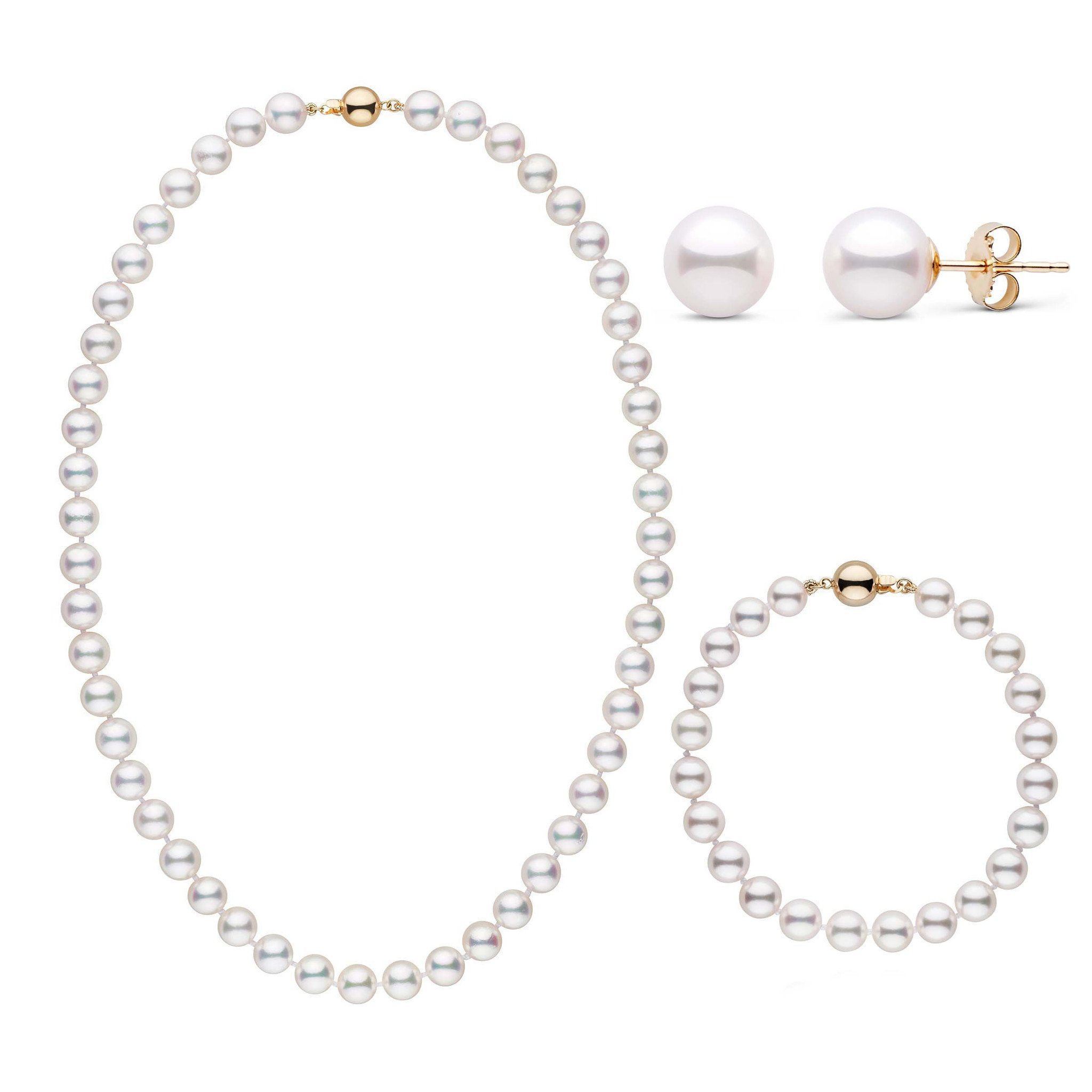 18 Inch 3 Piece Set of 7.0-7.5 mm AAA White Akoya Pearls Yellow Gold