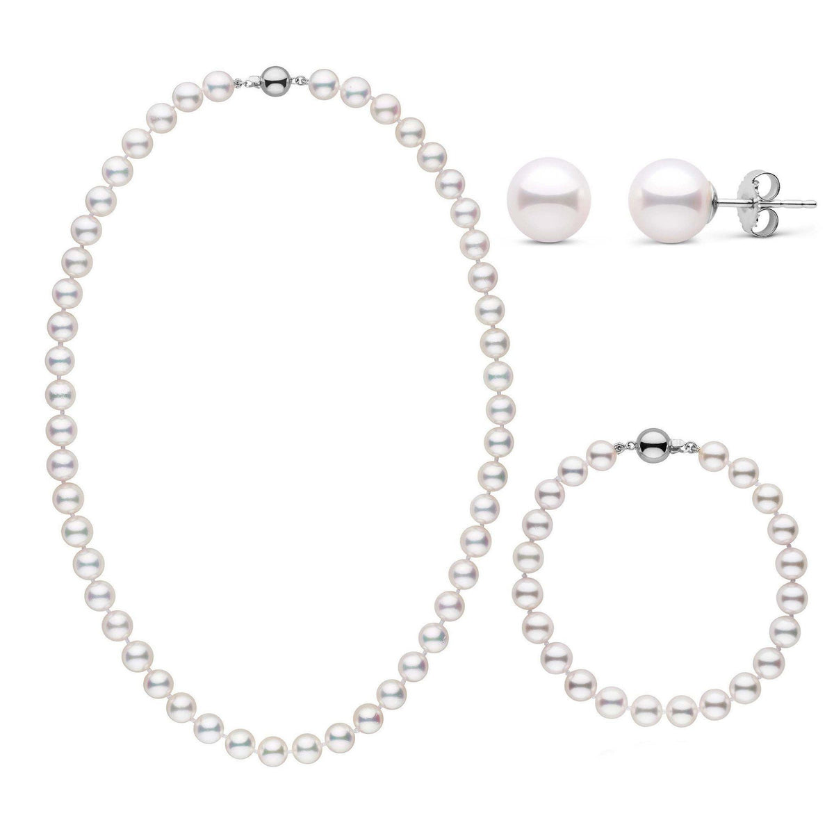 18 Inch 3 Piece Set of 7.0-7.5 mm AAA White Akoya Pearls