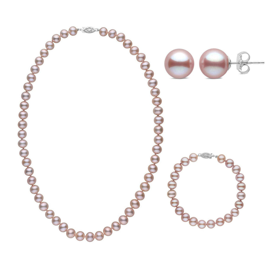 3-Piece Set of 7.5-8.0 mm AA+ Lavender Freshwater Pearls featuring a pearl necklace, matching bracelet, and stud earrings in soft lavender hues with sterling clasps.
