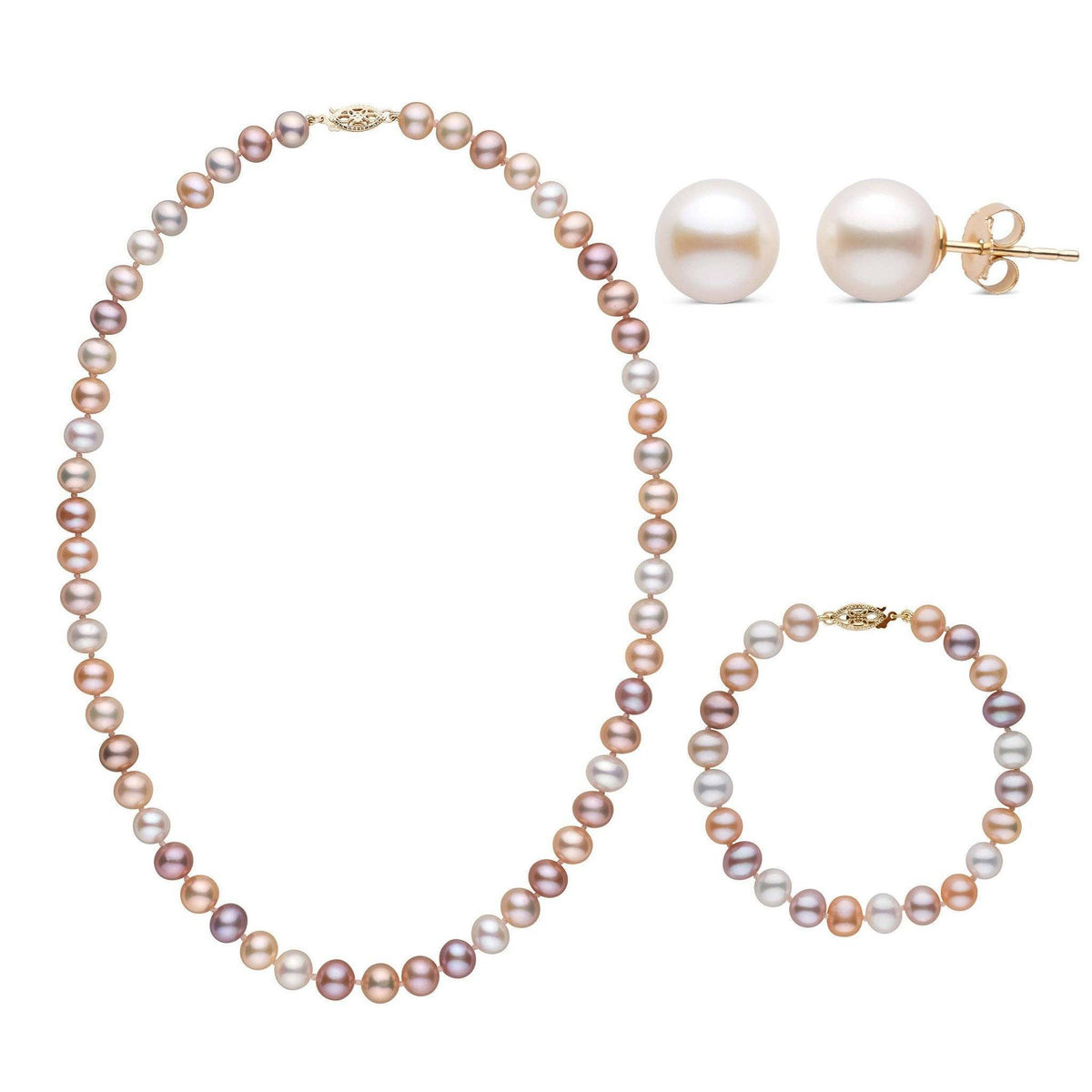 3-Piece Set of 7.5-8.0 mm AA+ Multicolor Freshwater Pearls featuring a multicolor pearl necklace and bracelet with shades of pink, lavender, and white, and matching white pearl stud earrings.