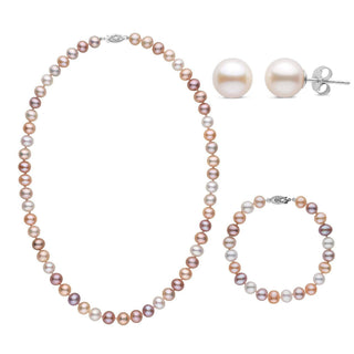 3-Piece Set of 7.5-8.0 mm AA+ Multicolor Freshwater Pearls featuring a pearl necklace, matching bracelet with varying shades of pink, lavender, and cream, and classic pearl stud earrings