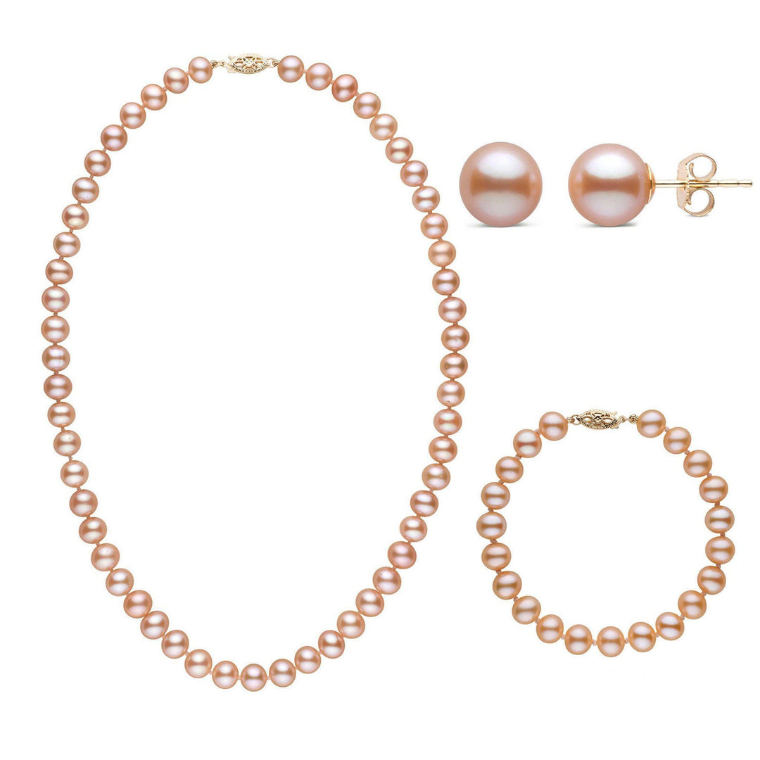 18 Inch 3 Piece Set of 7.5-8.0 mm AA+ Pink Freshwater Pearls