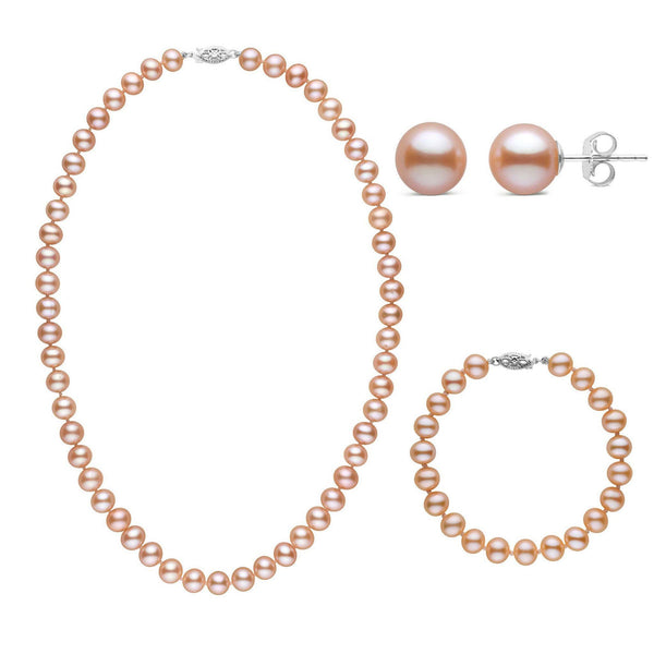3-Piece Set of 7.5-8.0 mm AA+ Pink Freshwater Pearls featuring a pink pearl necklace, matching bracelet, and stud earrings with 14K white gold clasps.