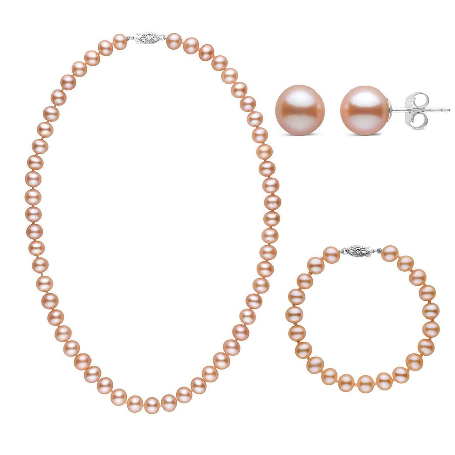3-Piece Set of 7.5-8.0 mm AA+ Pink Freshwater Pearls featuring a pink pearl necklace, matching bracelet, and stud earrings with 14K white gold clasps.