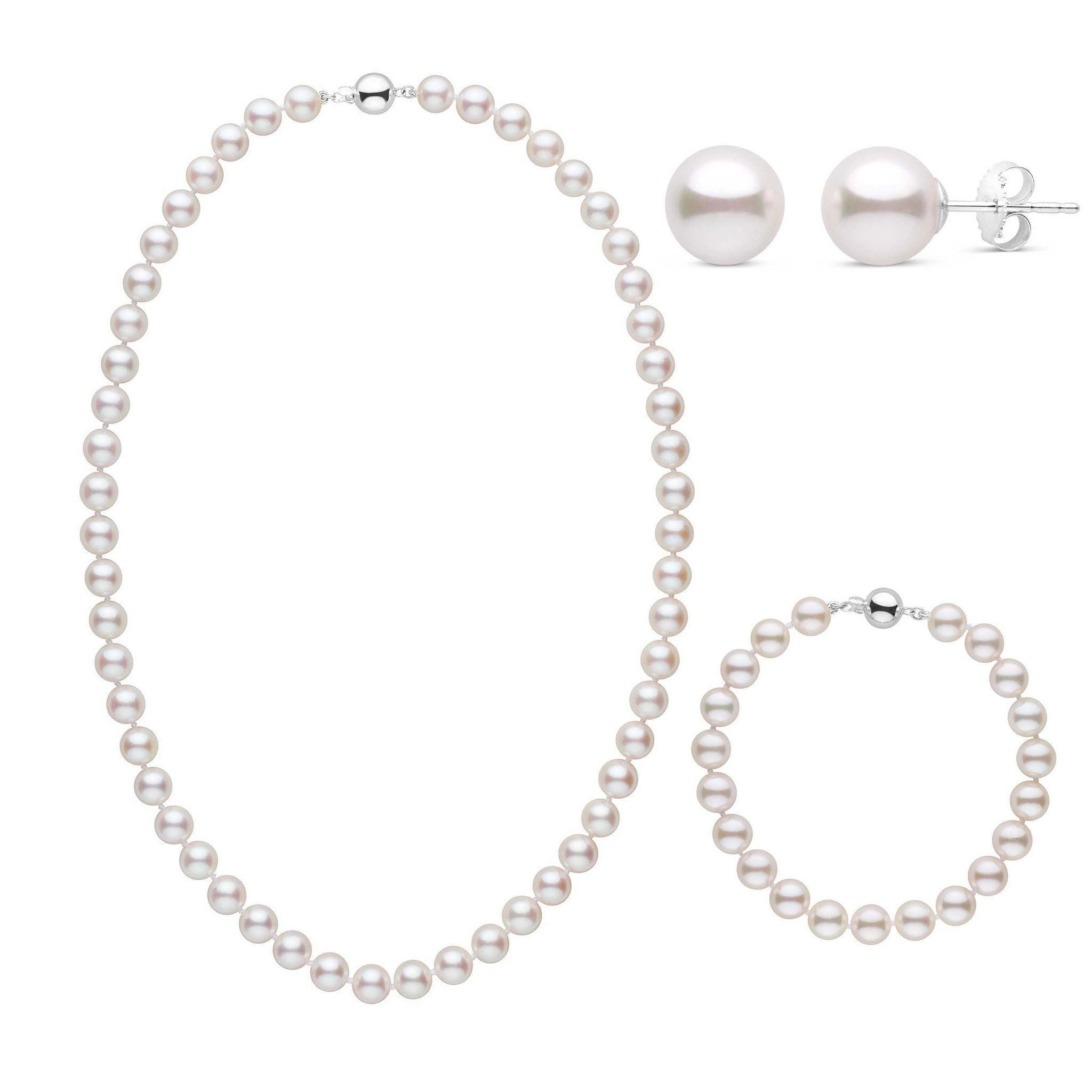 18 Inch 3 Piece Set of 7.5-8.0 mm AA+ White Akoya Pearls White Gold Clasps