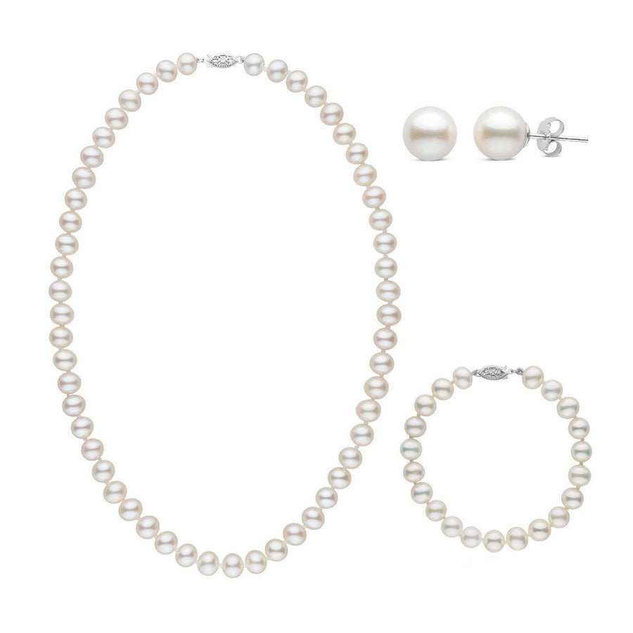 3-Piece Set of 7.5-8.0 mm AA+ White Freshwater Pearls