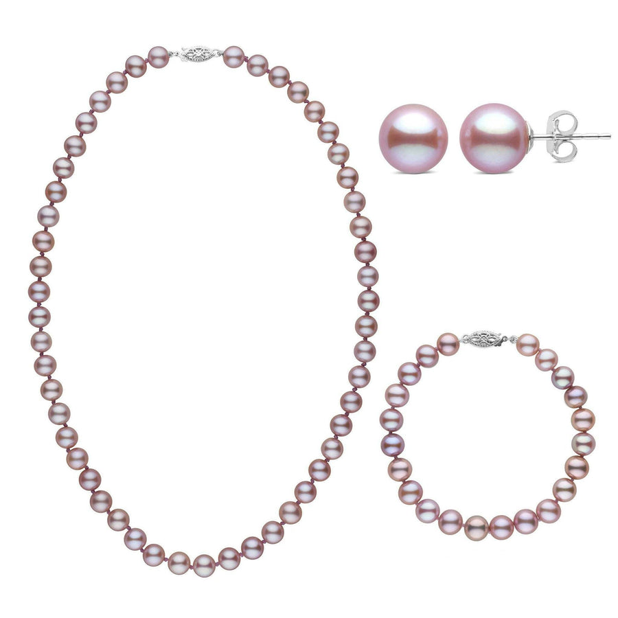 3-Piece Set of 7.5-8.0 mm AAA Lavender Freshwater Pearls including a strand necklace, bracelet, and matching stud earrings with soft lavender hues and 14K white gold clasps.