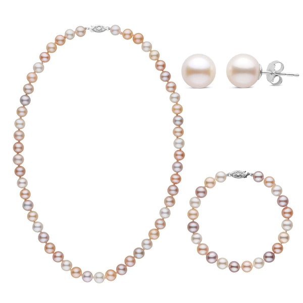 3-Piece Set of 7.5-8.0 mm AAA Multicolor Freshwater Pearls featuring a pearl necklace, matching bracelet, and stud earrings in soft pastel hues with 14K white gold clasps.