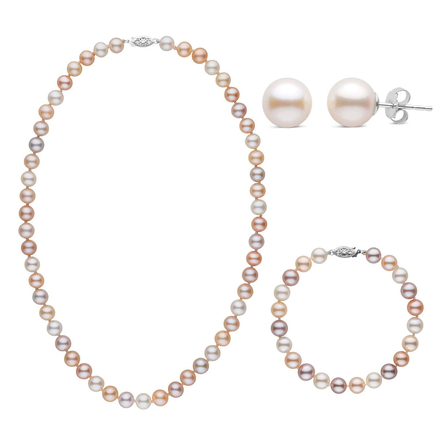 3-Piece Set of 7.5-8.0 mm AAA Multicolor Freshwater Pearls featuring a pearl necklace, matching bracelet, and stud earrings in soft pastel hues with 14K white gold clasps.