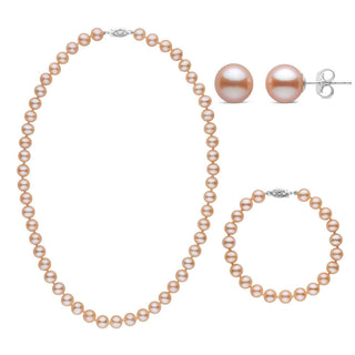 3-Piece Set of 7.5-8.0 mm AAA Pink Freshwater Pearls featuring a pearl necklace, matching bracelet, and stud earrings with smooth, lustrous pink freshwater pearls.