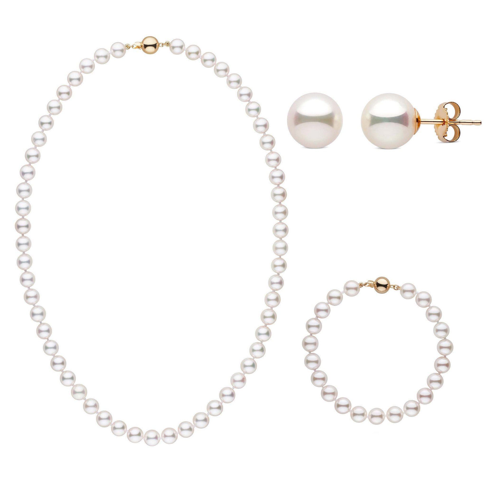 18 Inch 3 Piece Set of 7.5-8.0 mm AAA White Akoya Pearls with Necklace Bracelet and Earrings in Yellow Gold