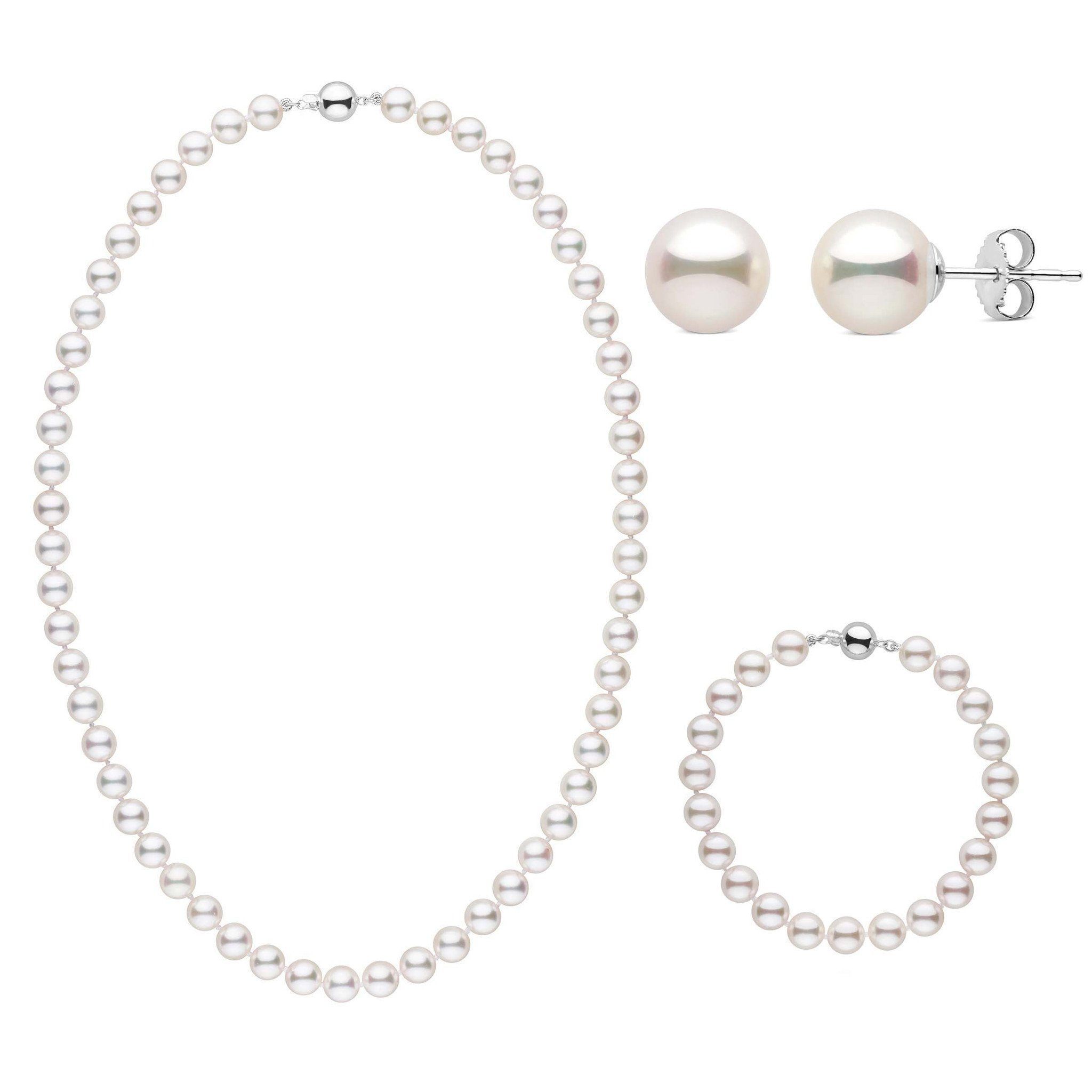 18 Inch 3 Piece Set of 7.5-8.0 mm AAA White Akoya Pearls necklace Bracelet Earrings White Gold