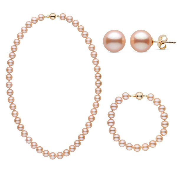 3-Piece Set of 8.5-9.0 mm AAA Pink to Peach Freshwater Pearls featuring a pearl necklace, matching pearl bracelet, and pearl stud earrings with gold clasps.