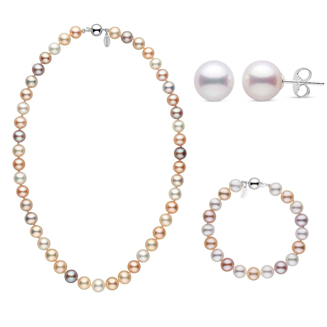 Mixed natural color 18 Inch 3 Piece 8.5-9.0 mm Freshadama Multicolor Freshwater Pearl Set in white gold