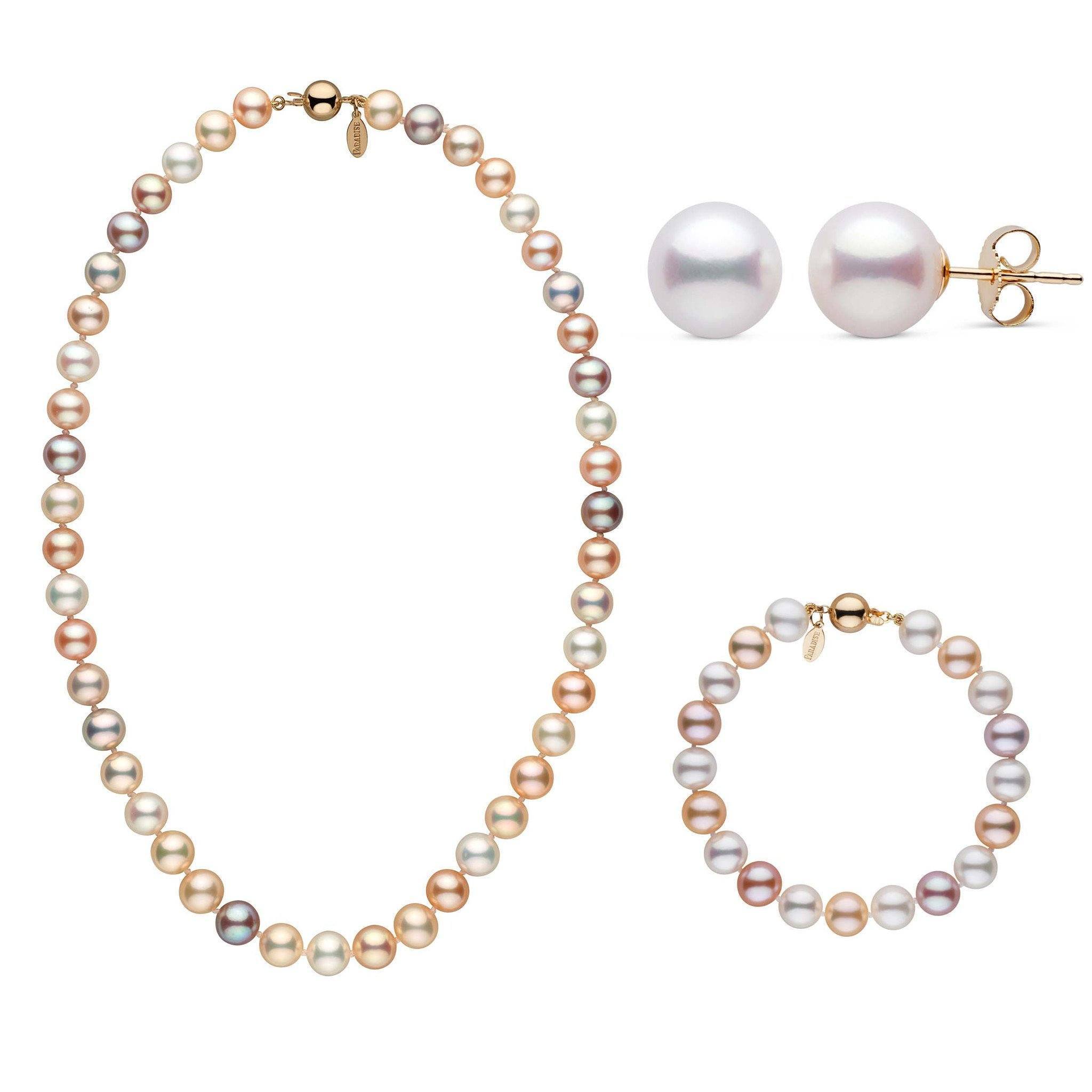 Mixed natural color 18 Inch 3 Piece 8.5-9.0 mm Freshadama Multicolor Freshwater Pearl Set in yellow gold