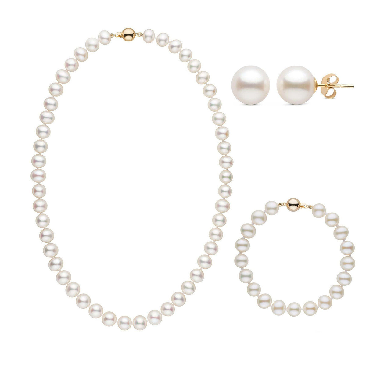 3-Piece Set of 8.5-9.0 mm White AA+ Freshwater Pearls featuring a classic pearl necklace, matching pearl bracelet, and round pearl stud earrings with gold accents.