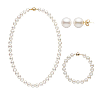 3-Piece Set of 8.5-9.0 mm White AA+ Freshwater Pearls featuring a classic pearl necklace, matching pearl bracelet, and round pearl stud earrings with gold accents.