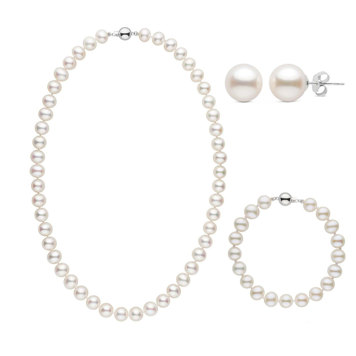 3-Piece Set of 8.5-9.0 mm White AA+ Freshwater Pearls featuring a classic pearl necklace, matching bracelet, and stud earrings with lustrous white freshwater pearls.