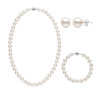 3-Piece Set of 8.5-9.0 mm White AA+ Freshwater Pearls featuring a classic pearl necklace, matching bracelet, and stud earrings with lustrous white freshwater pearls.
