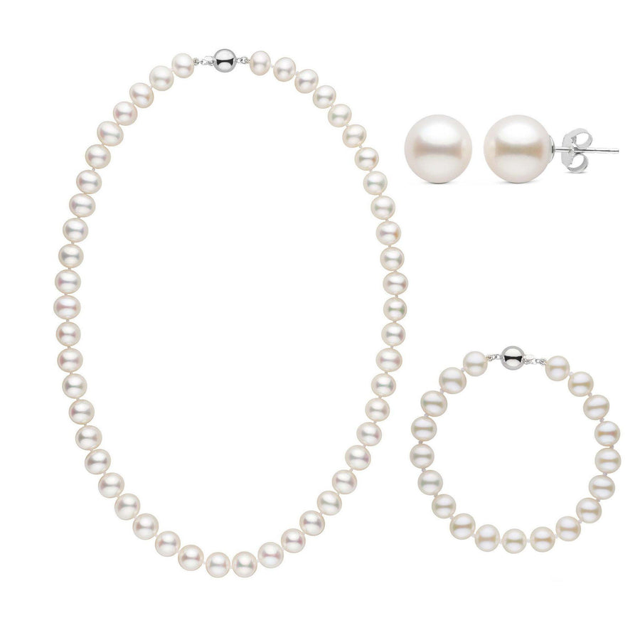 3-Piece Set of 8.5-9.0 mm White AA+ Freshwater Pearls featuring a classic pearl necklace, matching bracelet, and stud earrings with lustrous white freshwater pearls.
