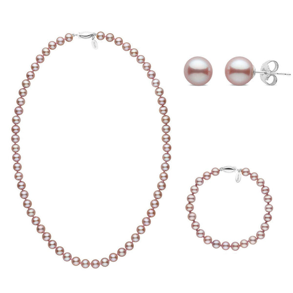A set of lavender freshwater pearls, including a necklace, bracelet, and matching stud earrings, with each piece knotted on silk and clasp options.