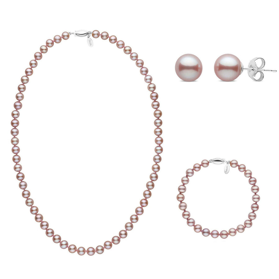 A set of lavender freshwater pearls, including a necklace, bracelet, and matching stud earrings, with each piece knotted on silk and clasp options.