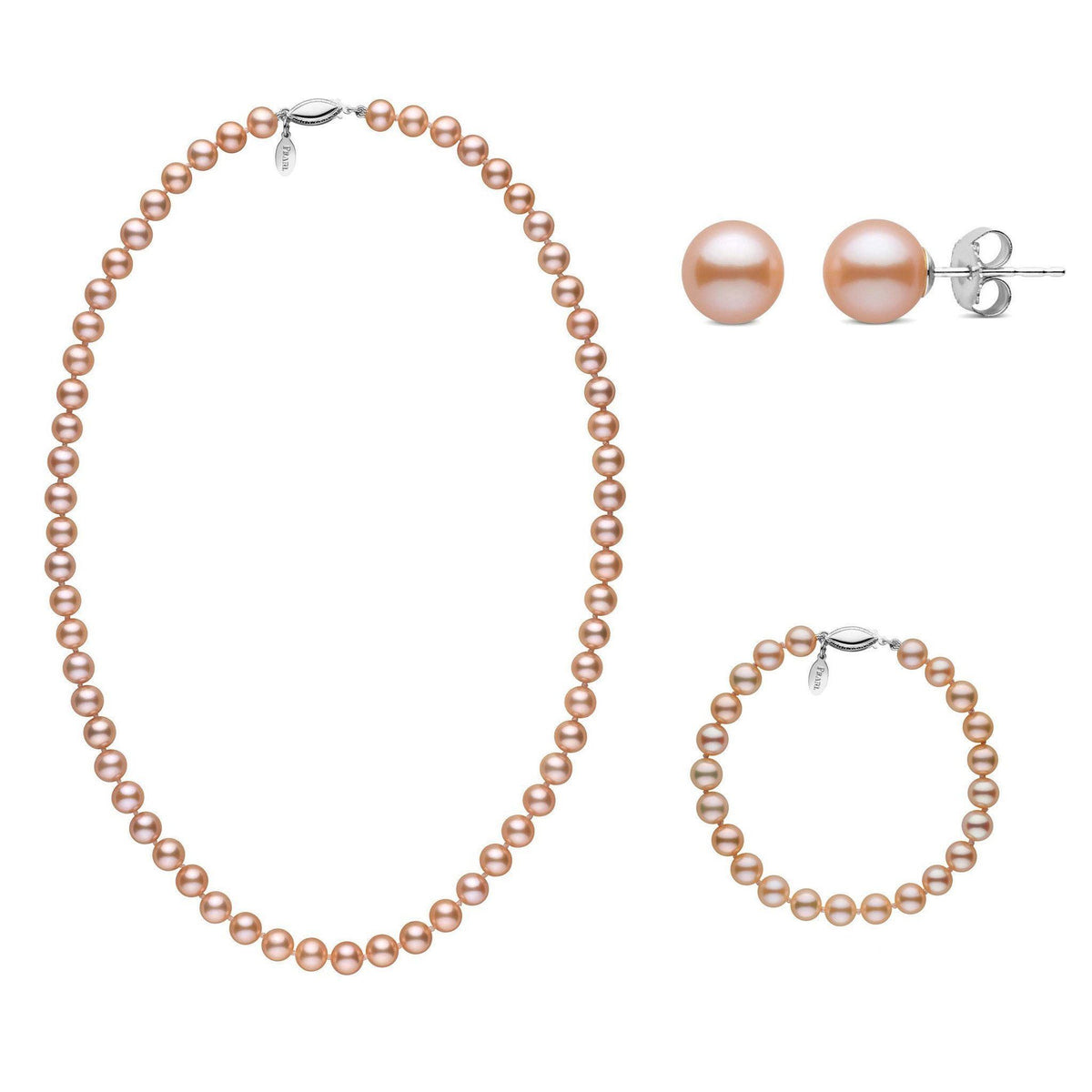 3-piece Set of 6.5-7.0 mm Pink to Peach Freshadama Freshwater Pearls featuring a pearl necklace, matching pearl bracelet, and pearl stud earrings in soft pink to peach hues.