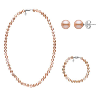 3-piece Set of 6.5-7.0 mm Pink to Peach Freshadama Freshwater Pearls featuring a pearl necklace, matching pearl bracelet, and pearl stud earrings in soft pink to peach hues.