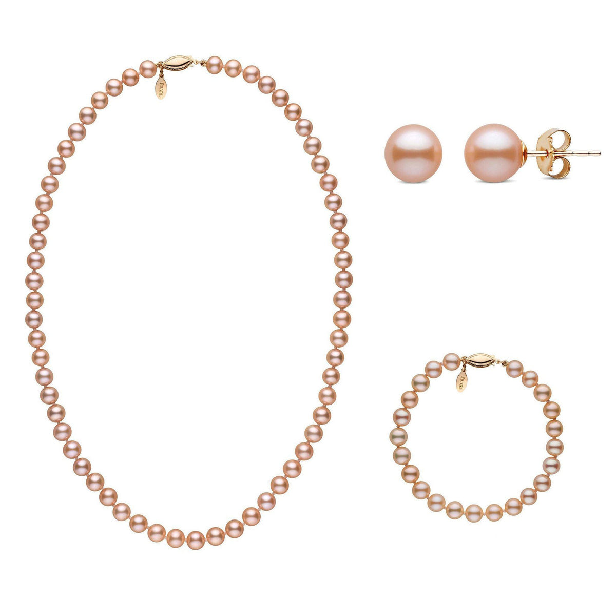 3-piece Set of 6.5-7.0 mm Pink to Peach Freshadama Freshwater Pearls including a necklace, bracelet, and stud earrings with soft pink to peach hues and gold clasps.