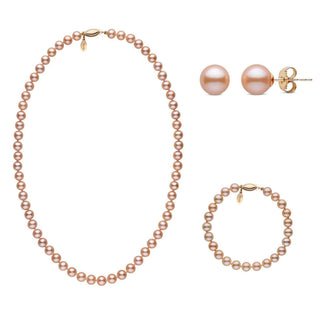 3-piece Set of 6.5-7.0 mm Pink to Peach Freshadama Freshwater Pearls including a necklace, bracelet, and stud earrings with soft pink to peach hues and gold clasps.